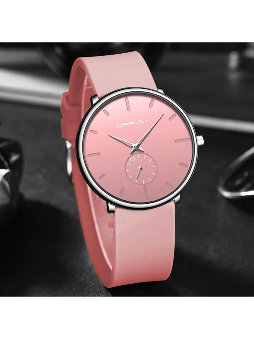 Crrju Mens Pink Stylish Waterproof Quartz Unisex Ultra Silicone Band Round Watch